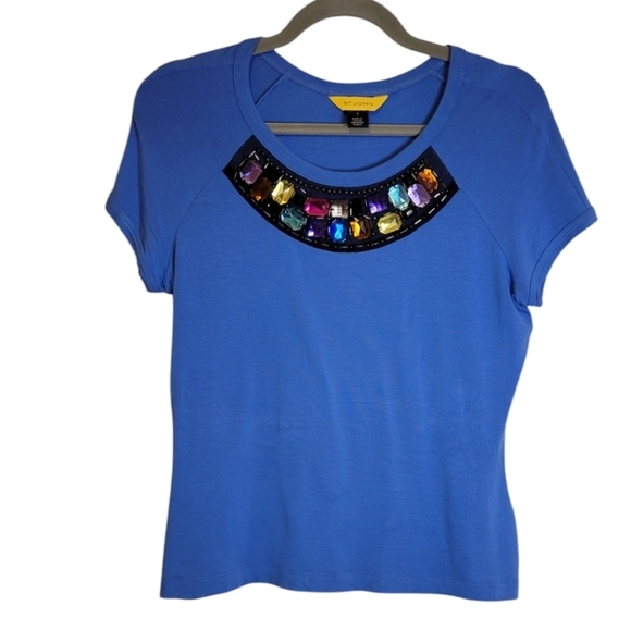 St. JOHN Yellow Label Jewel Gem Bedazzle Embellished Short Sleeve Viscose Small - Picture 1 of 7